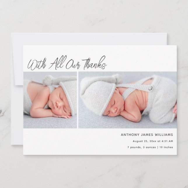 Två Tack för födelsestatistik för Photo Baby Meddelande (Framsida)