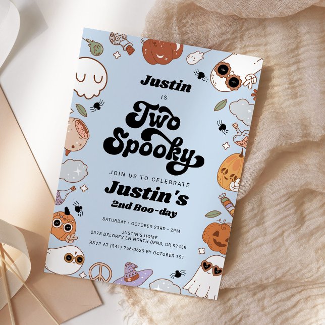 Två taloky Groovy Halloween Boy 2:a födelsedagen Inbjudningar (Skapare uppladdad)