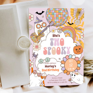 Två taloky Retro Halloween-flicka andra födelsedag Inbjudningar