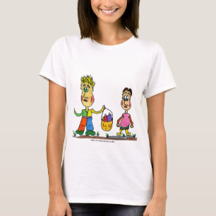 Två tecknade figurer med basket av bröd. t shirt