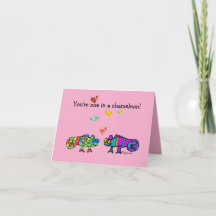 Två tecknade kameleonter rosa valentinskort