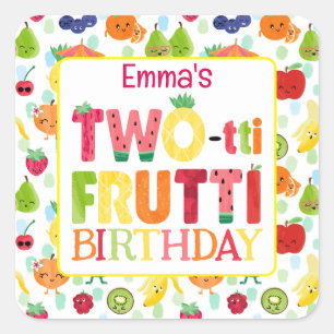 Två-ti Frutti Cutie Fruit 2:a födelsedagen Party Fyrkantigt Klistermärke