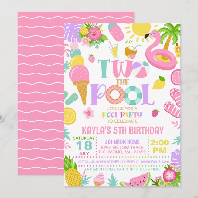 TVÅ TILL Bassäng Födelsedagsfest inbjudan (Fram/baksida)