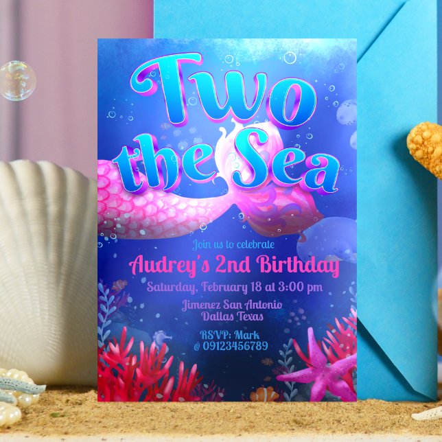 Två till havet - Havfrue Inbjudningar (Two the Sea - Girl Mermaid 2nd Birthday Invitation )