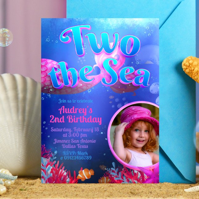 Två till havet - Havfrue med foto Inbjudningar (Two the Sea - Girl Mermaid 2nd Birthday Invitation with Picture)