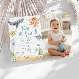 Två till havet havsdjur 2-års födelsedagsfoto inbjudningar