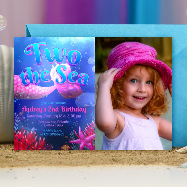 Två till havet med fotolandskap inbjudningar (Two the Sea - Girl Mermaid 2nd Birthday Landscape Invitation with Picture)