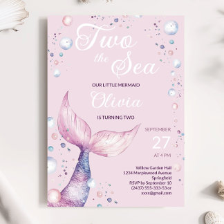 Två till havet Rosa sjöjungfru flicka födelsedagsi Inbjudningar