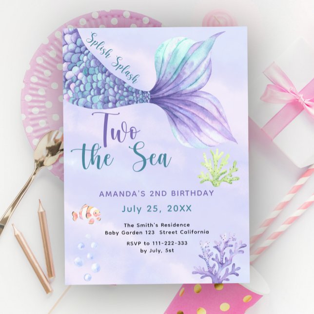 Två till havet sjöjungfru rosa lila 2-års födelsed inbjudningar (Skapare uppladdad)