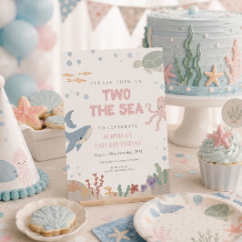 Två till havet Söt rosa akvarell flicka 2-årsdag Inbjudningar