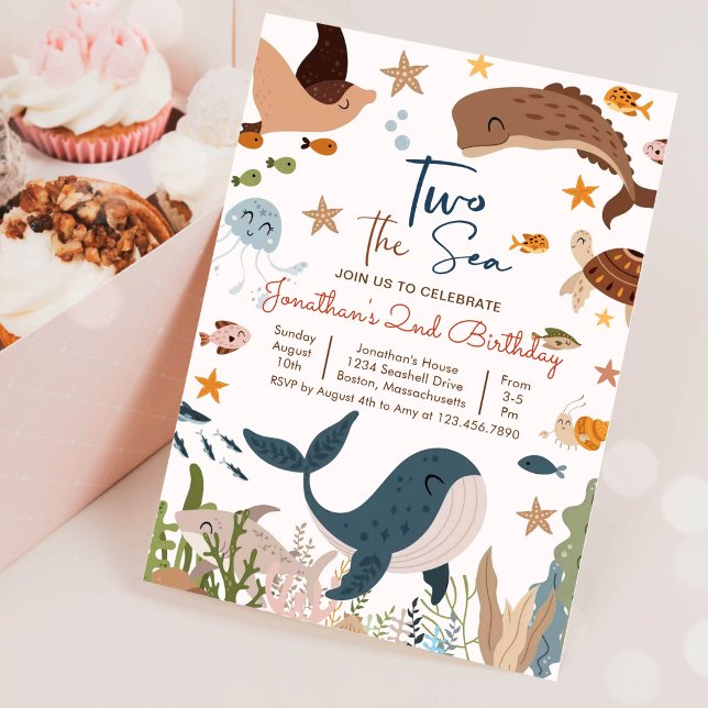 Två till havets valhajssköldpadda 2-års födelsedag inbjudningar (Skapare uppladdad)