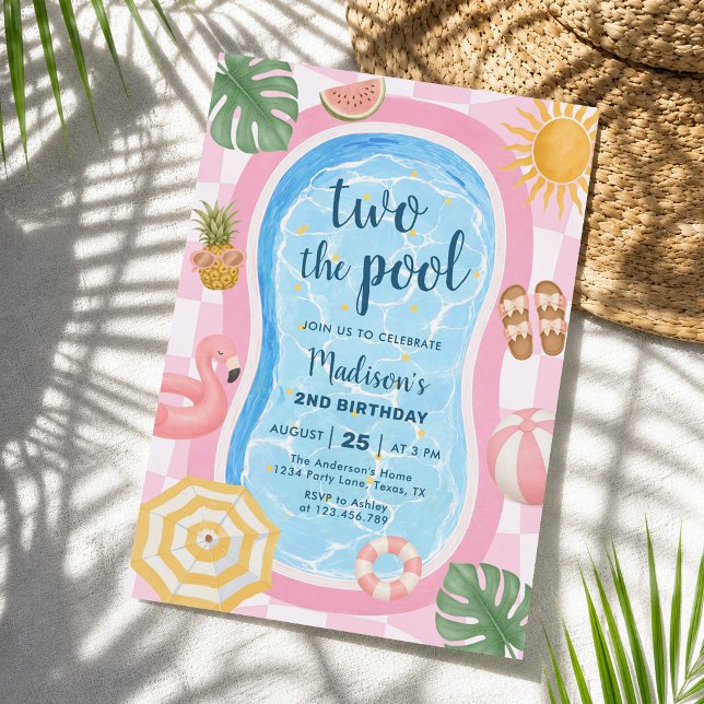 Två Till Pool Sommar Tjej 2-års Födelsedag Inbjudningar (Skapare uppladdad)