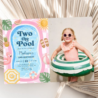 Två Till Pool Sommar Tjej 2-års Födelsedagsfoto Inbjudningar