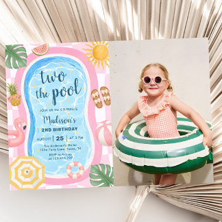 Två Till Pool Sommar Tjej 2-års Födelsedagsfoto Inbjudningar