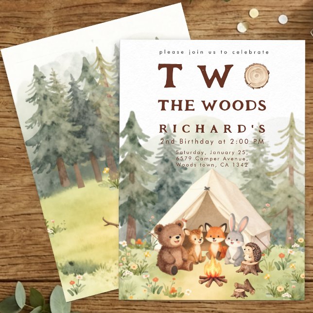 Två till skogen Glad campare 2-års födelsedagsfest Inbjudningar (Two the Woods Happy Camper 2nd Birthday Party Invitation)