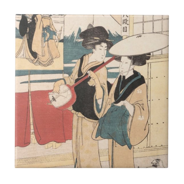 Två tori-oi eller Itinerantkvinnamusiker Japan Kakelplatta (Framsidan)