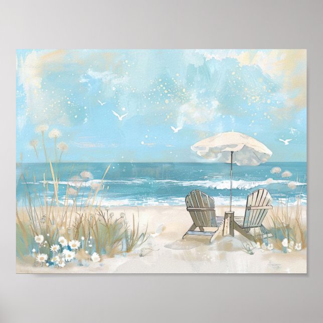 två trästolar och en parasol på en strand poster (Framsidan)