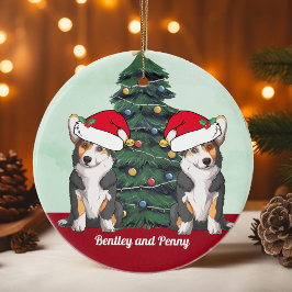 Två tricolor Corgis i Santa Hat Cute jul Julgransprydnad Keramik