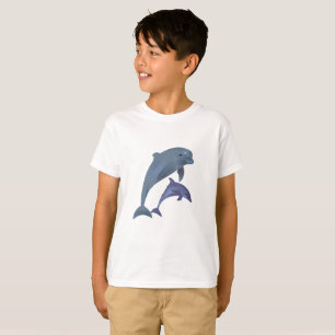 Två tropiska delfiner som hoppar bredvid varje t-shirt
