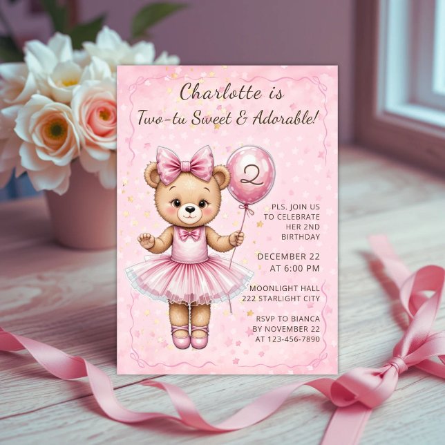 Två-Tu Sweet Coquette Ballerina Bear Birthday Inbjudningar (Skapare uppladdad)