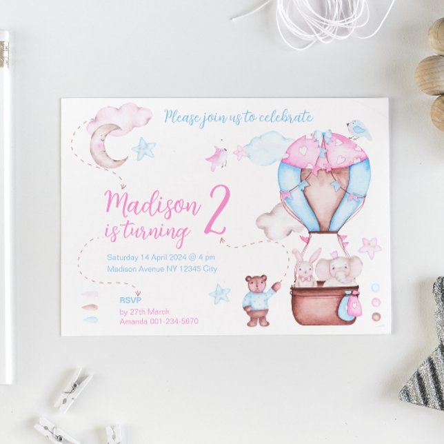 Två tuggdjur, ballonger Whimsical Birthday Inbjudningar (Skapare uppladdad)