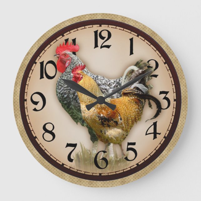 Två Tuppar Land Photo Rustic Clock Stor Klocka (Framsida)