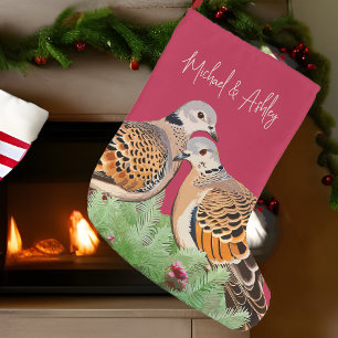 Två turturduvor Red Helgdag Bird par i Kärlek Stor Julstrumpa