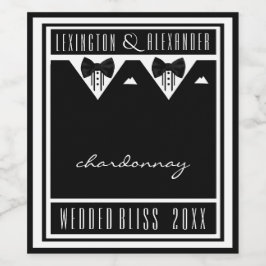 Två Tuxedo- och Bow Ties Black and White Vinflaska Etikett
