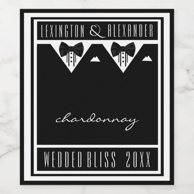 Två Tuxedo- och Bow Ties Black and White Vinflaska Etikett (Singel etikett)