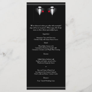 Två Tuxedos med Röd ros Gay Bröllop Menu Meny