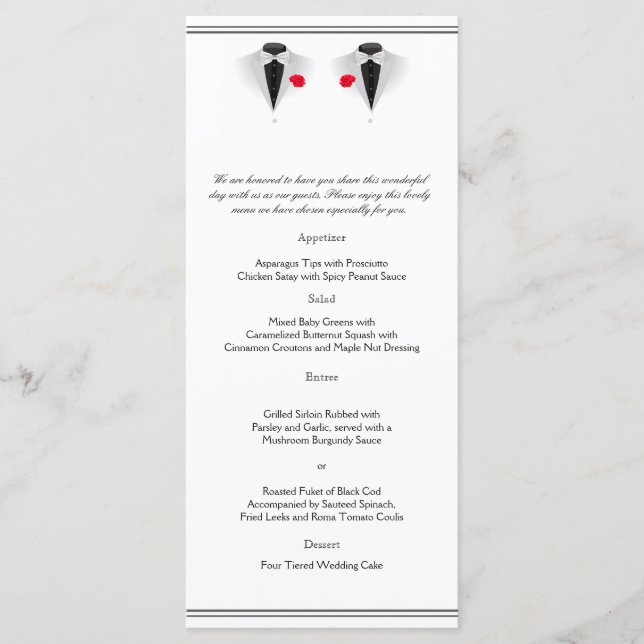 Två Tuxedos på White Gay Bröllop Menu Meny (Framsida)