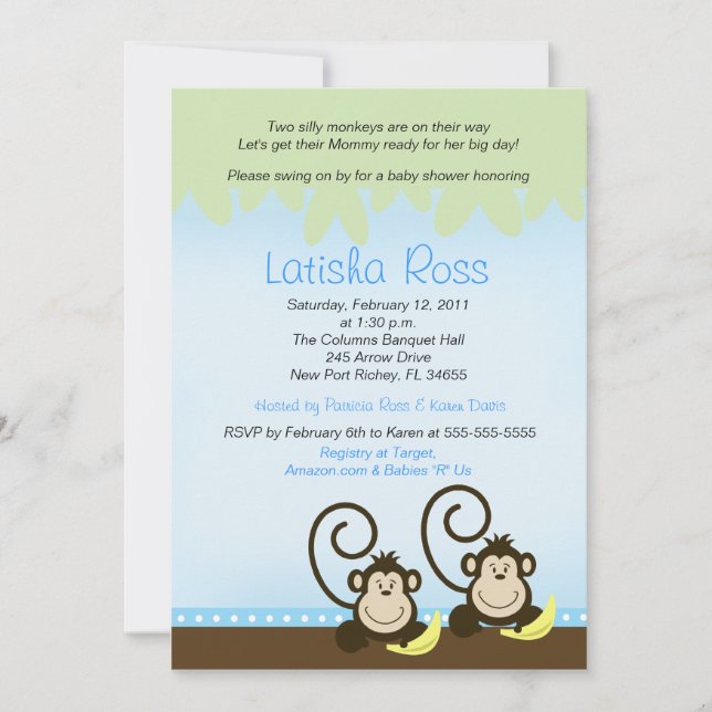 Två två Fånig-apor Boys Baby Shower 5x7 Inbjudningar (Framsida)