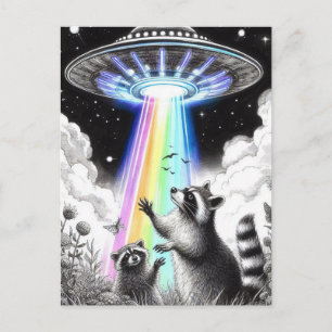 Två tvättbjörnar och regnbågs-UFO på äng med vilda Vykort