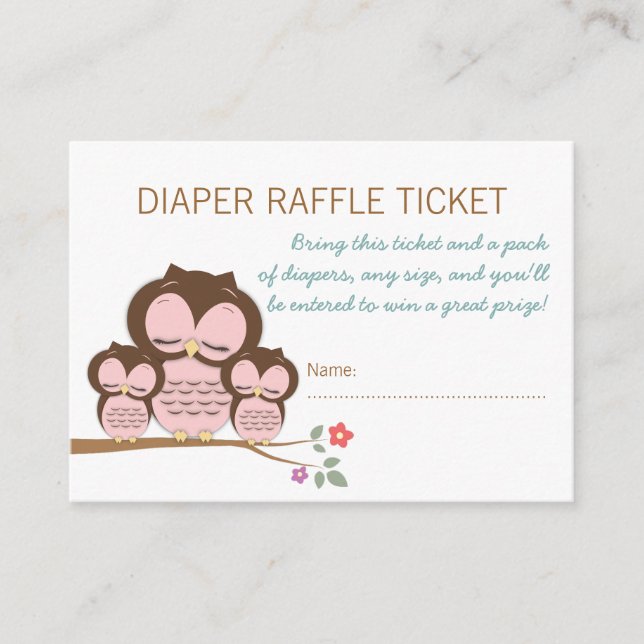 Två Uggla babyskor Diaper Raffle Biljett Infoga Tilläggskort (Framsida)