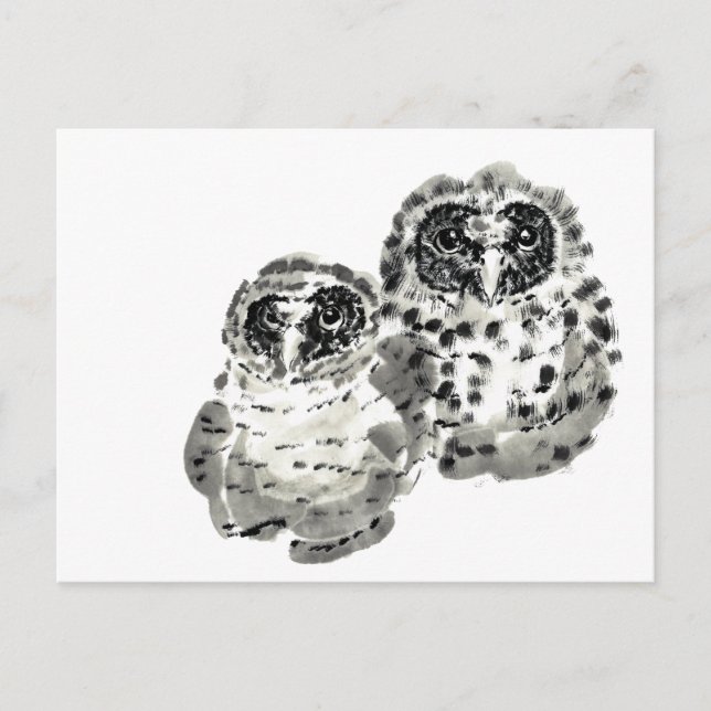 Två uggla-chickar smink bläck-målning vykort (Framsida)