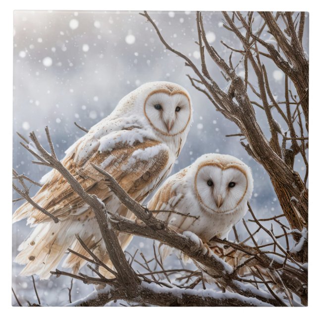 Två Uggla i Snö Söt Säsong Kakelplatta (Framsidan)