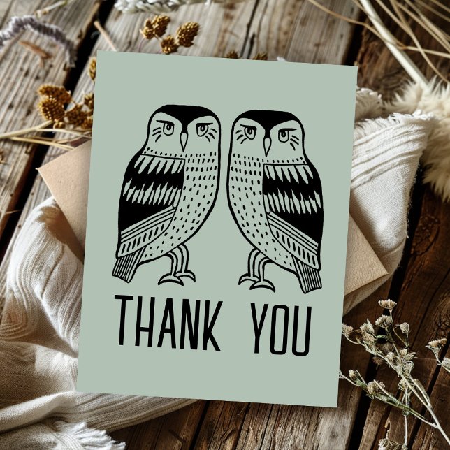 Två ugglor Söta Enkla Stila Anpassat Tack Vykort (Twin Owls Cute Simple Chic CUSTOM Thank You Postcard
)