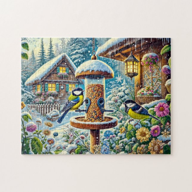 Två Underbara burfåglar vid mataren på vintern Pussel (Horisontell)