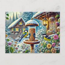 Två Underbara burfåglar vid mataren på vintern