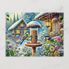 Två Underbara burfåglar vid mataren på vintern Vykort