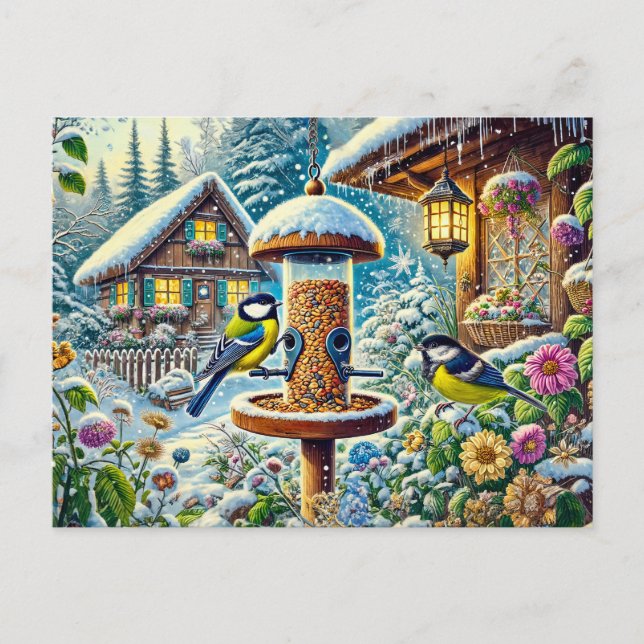 Två Underbara burfåglar vid mataren på vintern Vykort (Framsida)