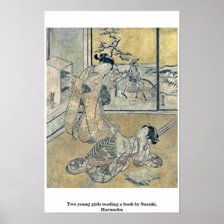 Två unga flickor som läser bok av Suzuki, Harunobu Poster