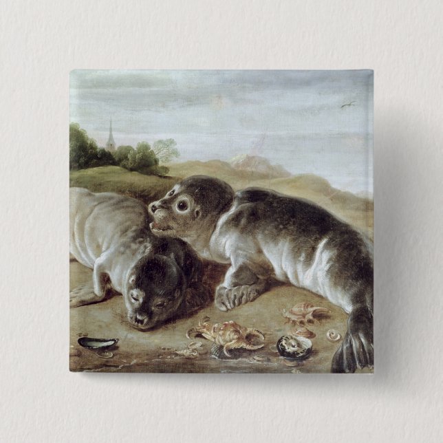 Två unga sälar på kusten, c.1650 knapp (Framsida)