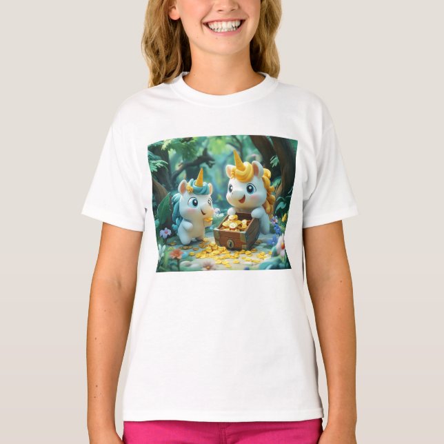 Två Unicorn med Treasure Box T Shirt (Framsida)