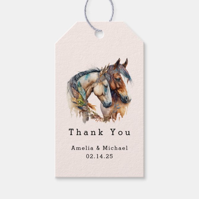 Två vackra hästar västerländsk bröllop tack presentetikett (Framsidan)