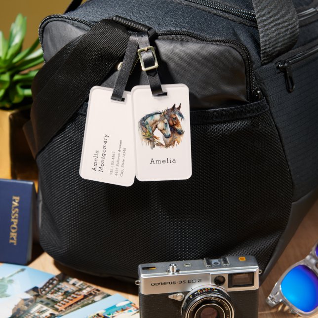 Två vackra hästar Westerna Boho Bagagebricka (Fram & Baksida)