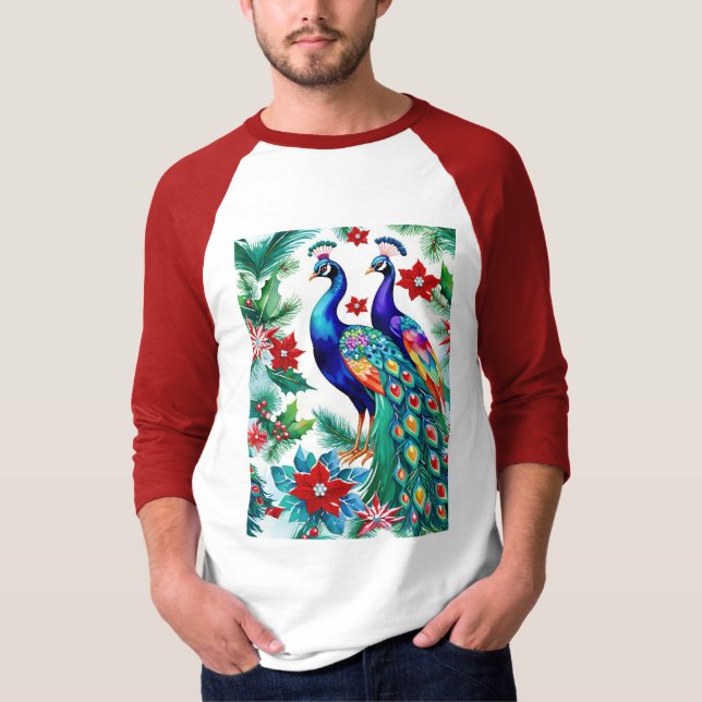 Två vackra julpeacockar med Poinsettias T Shirt (Framsida)