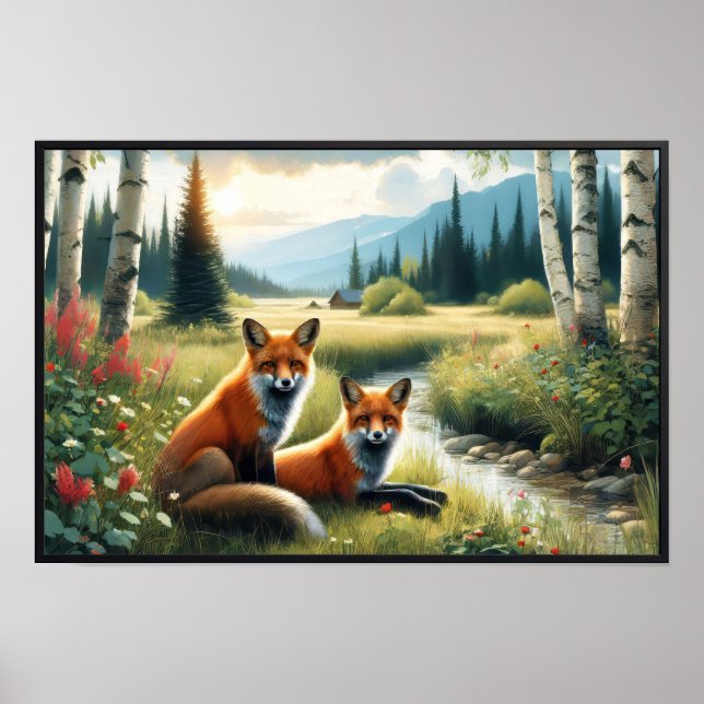 Två vackra röda rävar som återställer poster (Framsidan)