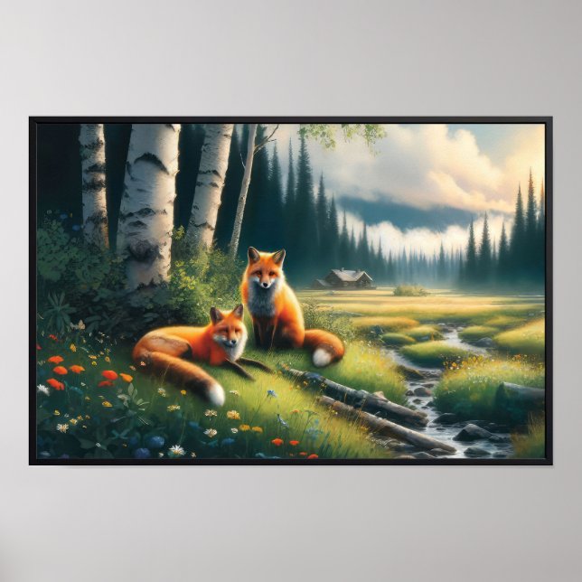 Två vackra röda rävar vilar  poster (Framsidan)