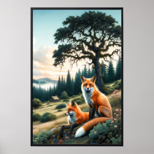 Två vackra rödrävar med vattenfärg som återställer poster